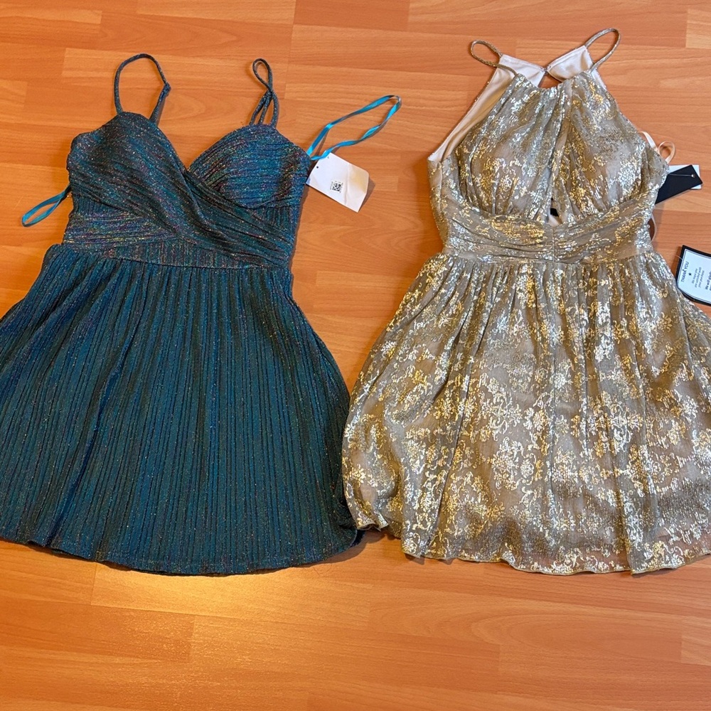 New size 5 Macy's City limits dresses- glittery gold, iridescent, teal blue